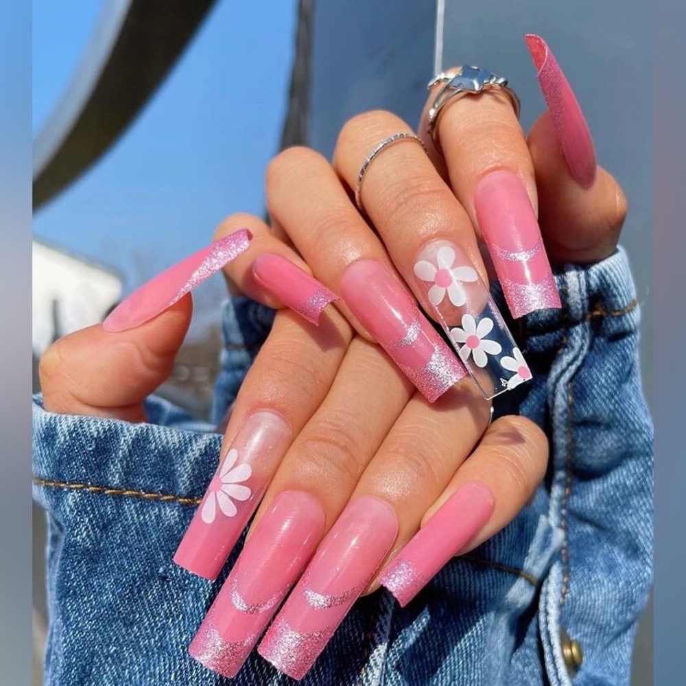 Passion of Essence Nail Bar 24pcs Long Coffin Floral Print Fake Nail